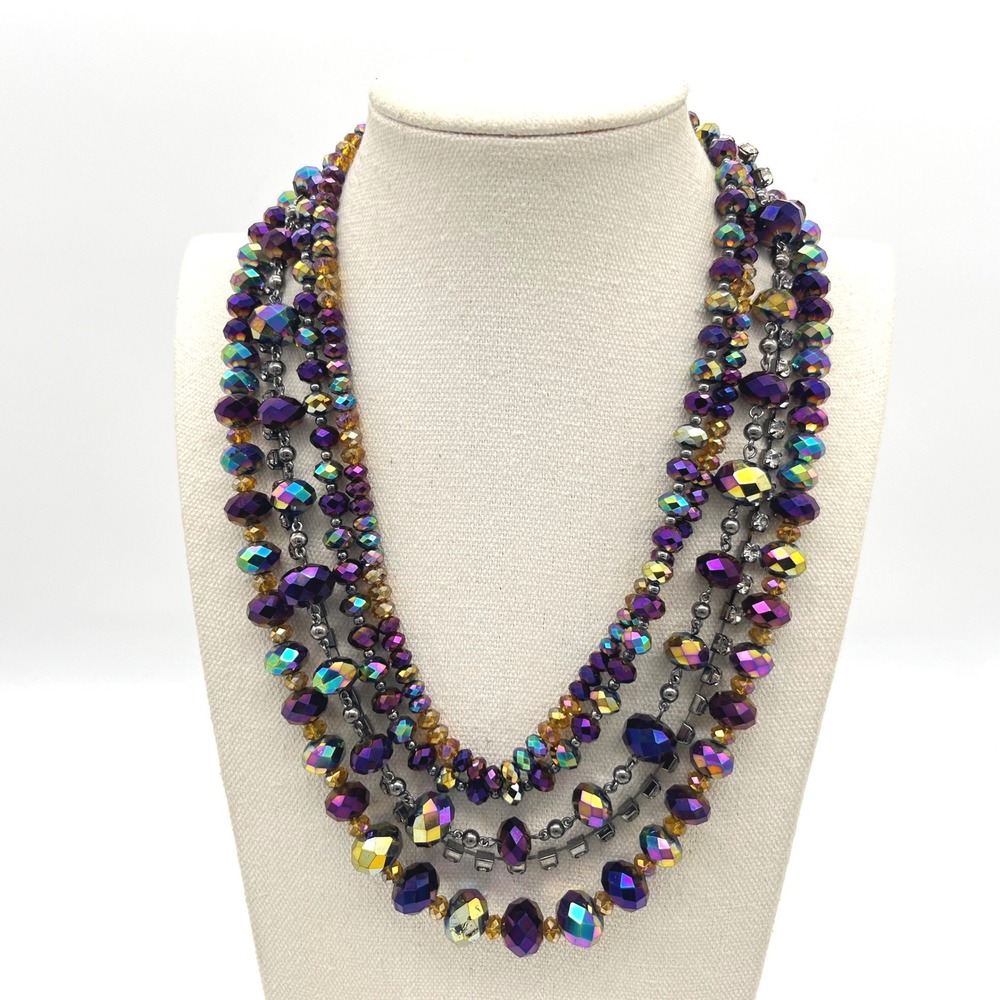 Multi Strand Iridescent Purple Bead Statement Necklace Gunmetal Rhinestone